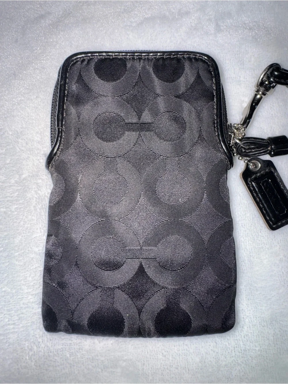 Coach Black Signature Jacquard Wristlet Pouch with Silver Emblem